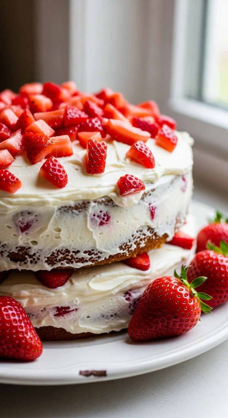 A step-by-step image showing the preparation of the strawberry cake recipe.