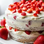 Close-up of a delicious homemade strawberry cake. Perfect strawberry cake recipe for any occasion.