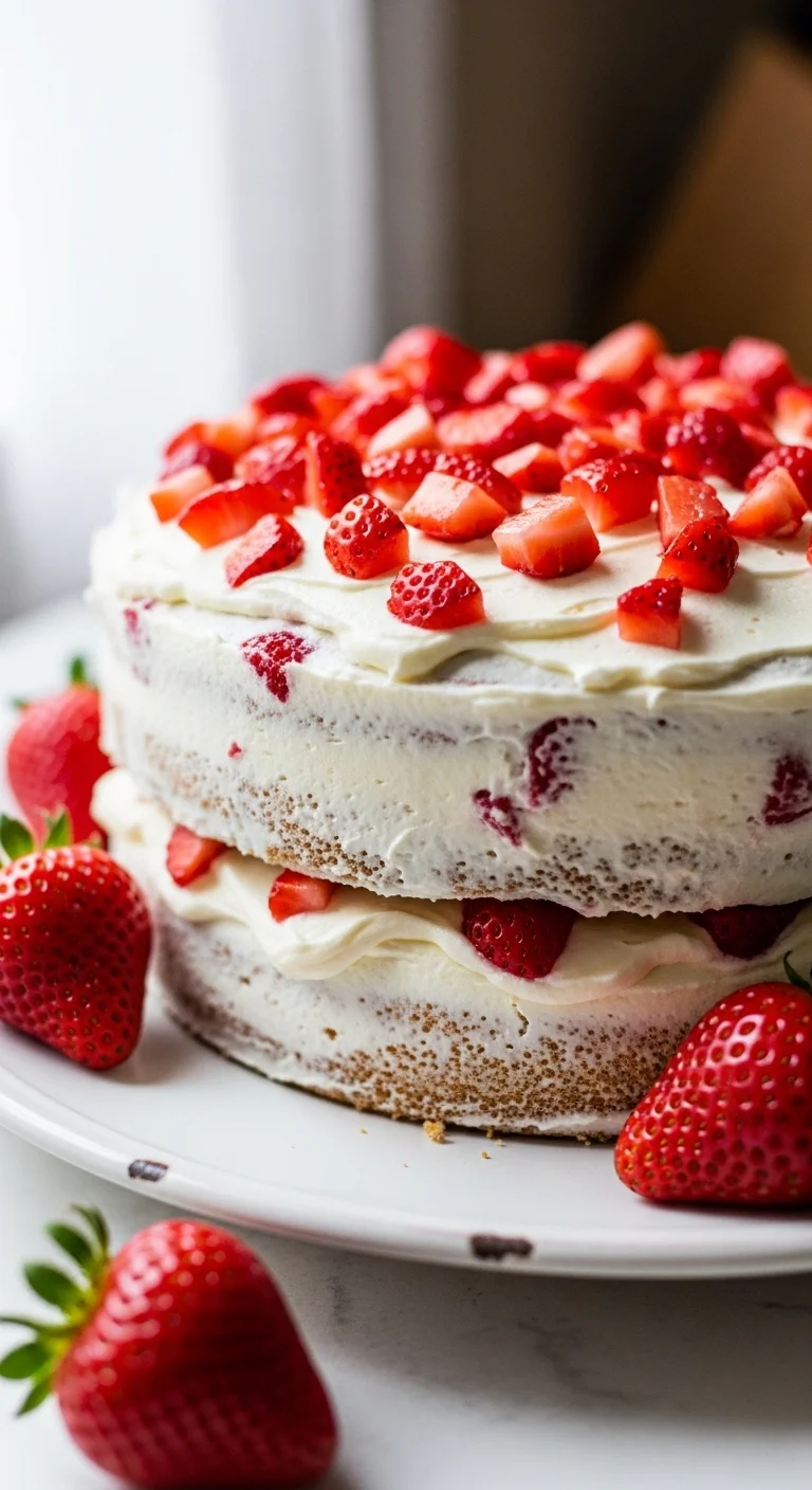 Close-up of a delicious homemade strawberry cake. Perfect strawberry cake recipe for any occasion.