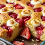 Close-up of a freshly baked Strawberry Cheesecake Dump Cake, ready to eat.