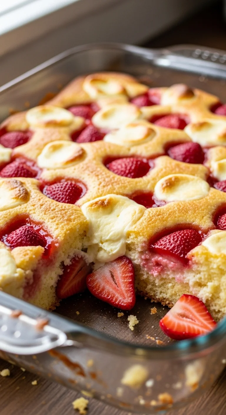 Step-by-step image of ingredients being layered in a baking pan for Strawberry Dump Cake.
