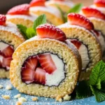 Close-up of delicious Strawberry Shortcake Sushi Rolls. Fun and easy dessert recipe for kids and adults!
