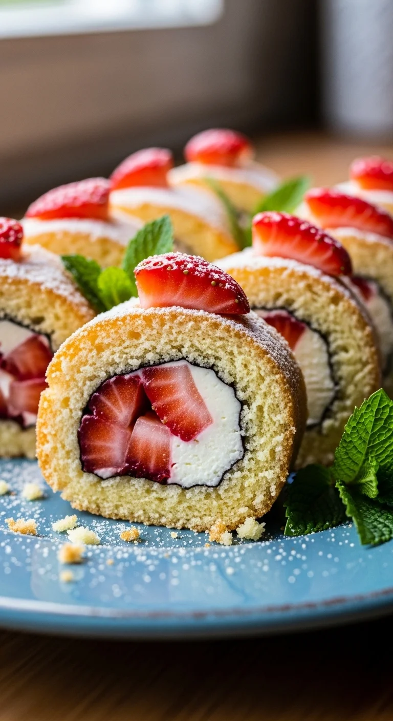 Close-up of delicious Strawberry Shortcake Sushi Rolls. Fun and easy dessert recipe for kids and adults!