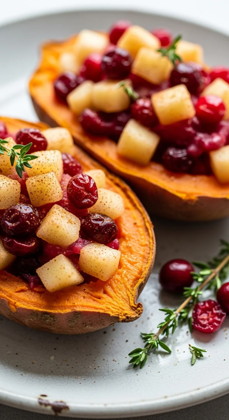 Step-by-step image showing the cranberry apple filling being spooned into a baked sweet potato.