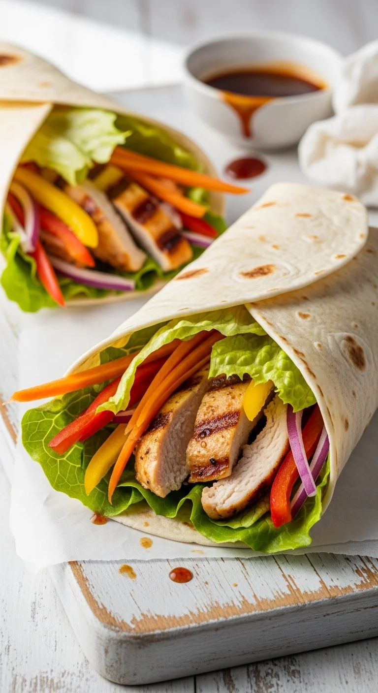 Ingredients laid out for making teriyaki chicken wraps: chicken, teriyaki sauce, wraps, and fresh vegetables.