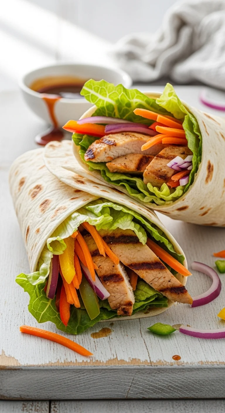 Close-up of a delicious teriyaki chicken wrap, showcasing the juicy chicken and fresh fillings.