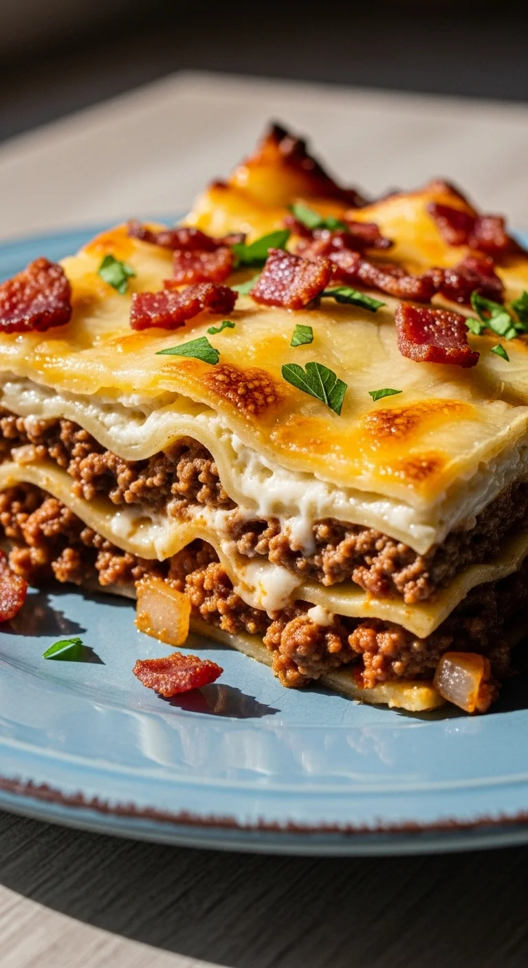 Close-up of a cheesy, bubbly turkey bacon cheeseburger lasagna, ready to serve.