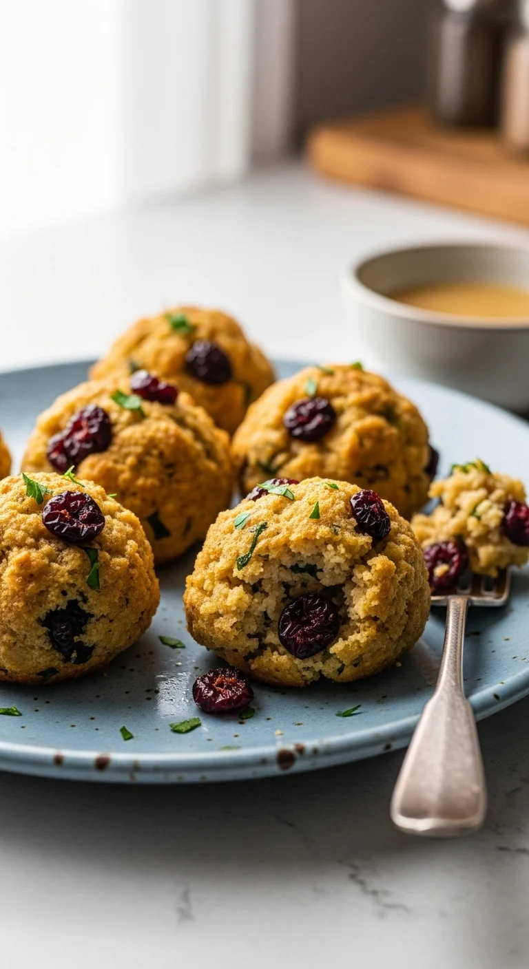 Close-up of freshly baked turkey cranberry stuffing balls on a baking sheet, ready to serve.
