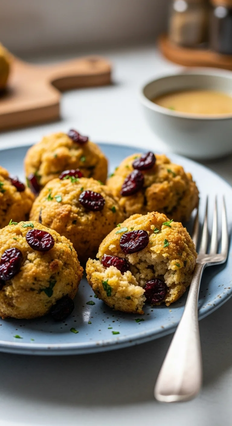 Golden brown turkey cranberry stuffing balls on a plate, garnished with herbs. Delicious holiday appetizer.