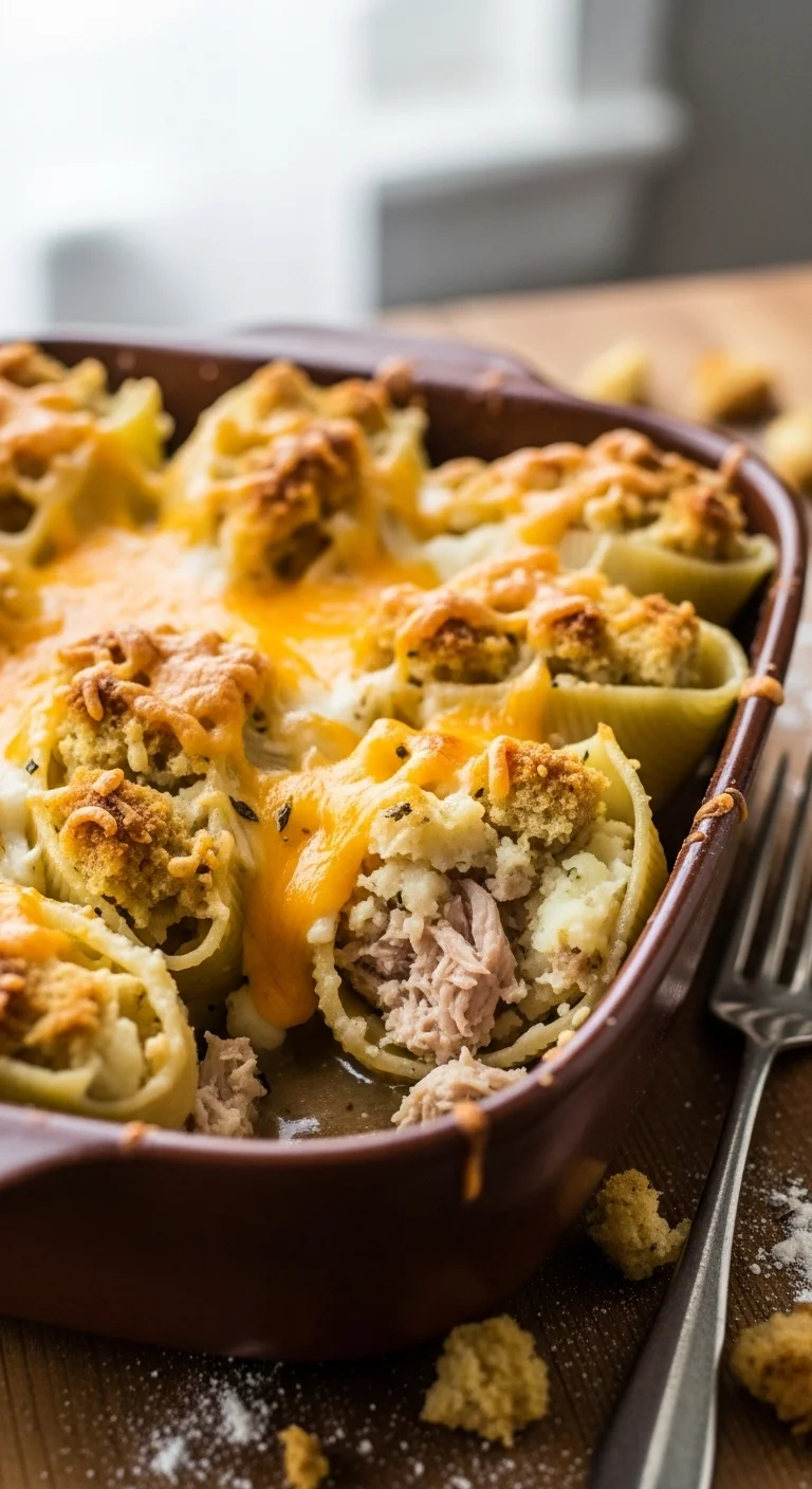 Close-up shot of jumbo shells being filled with a mixture of turkey, mashed potatoes, and stuffing for a Turkey Stuffed Shells casserole.