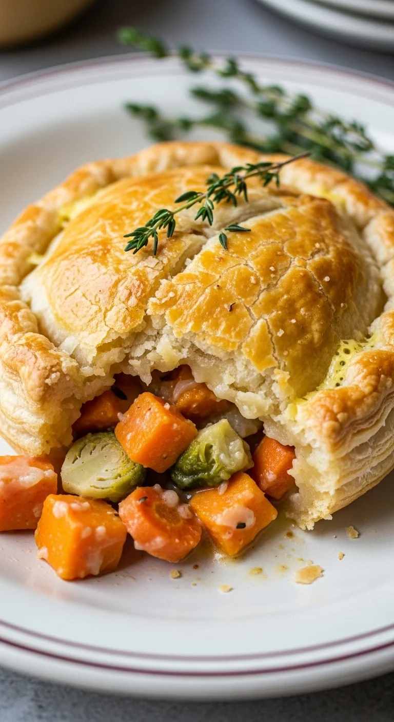 Close-up shot of vegetable pot pies before baking, showing colorful roasted vegetables and puff pastry topping.