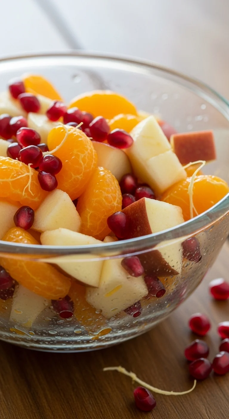 Close-up shot of Winter Fruit Salad with Cinnamon Vanilla Dressing. See the juicy oranges, cranberries, and apples.