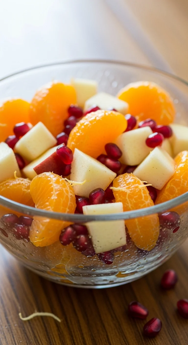 Delicious Winter Fruit Salad with Cinnamon Vanilla Dressing in a glass bowl. The perfect holiday appetizer.